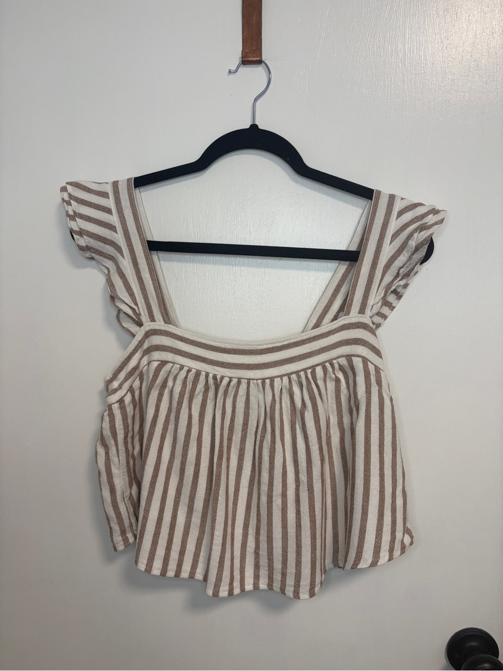 Abercrombie & Fitch Striped Ruffle Sleeve Linen-Blend Babydoll Top